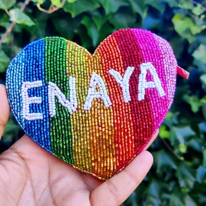 Beaded coin purse, Rainbow Coin Purse, Heart Coin Purse, Beaded Coin Pouch, Custom name purse, Rainbow Purse, Bachelorette Gifts,