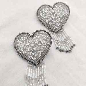 White Beaded Heart Earrings, Bride earrings, Beaded statement earrings, Gift for her, Handmade earrings, beaded earrings, Valentine earrings