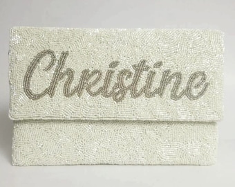 Monogram clutch, Customized Name Clutch, Bride Clutch, Handmade beaded clutch,  Custom beaded clutch, Beaded sling bridal bag