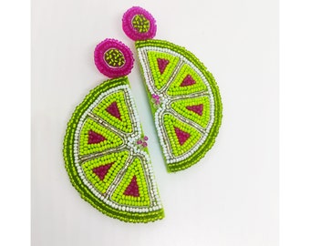 Kolczyki z koralikami Lemon Slice, Kolczyki letnie, Kolczyki z koralikami Summer, Kolczyki koktajlowe, Kolczyki wiosenno-letnie, Kolczyki kwiatowe, Zielona cytryna