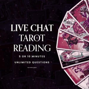 May include: Image features a tarot card reading service advertisement. Text reads "LIVE CHAT TAROT READING" with options for 5 or 10 minutes and unlimited questions. A fan of tarot cards is displayed on the right side of the image.