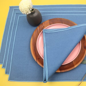 Baby Blue Table Placemats, Rectangle Placemat, Blue Accent Trim, Cotton Linen Blend, Modern, Organic