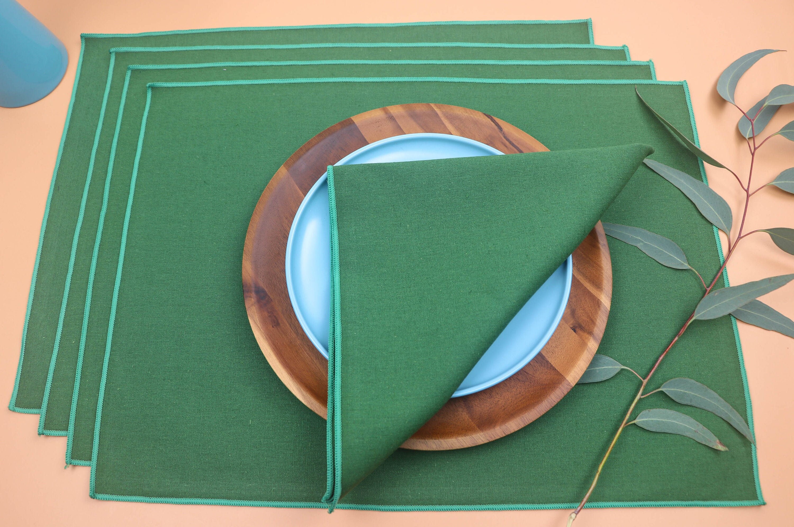 Green Placemats, Set of 4, Fabric Placemats, Monotone Green Trim