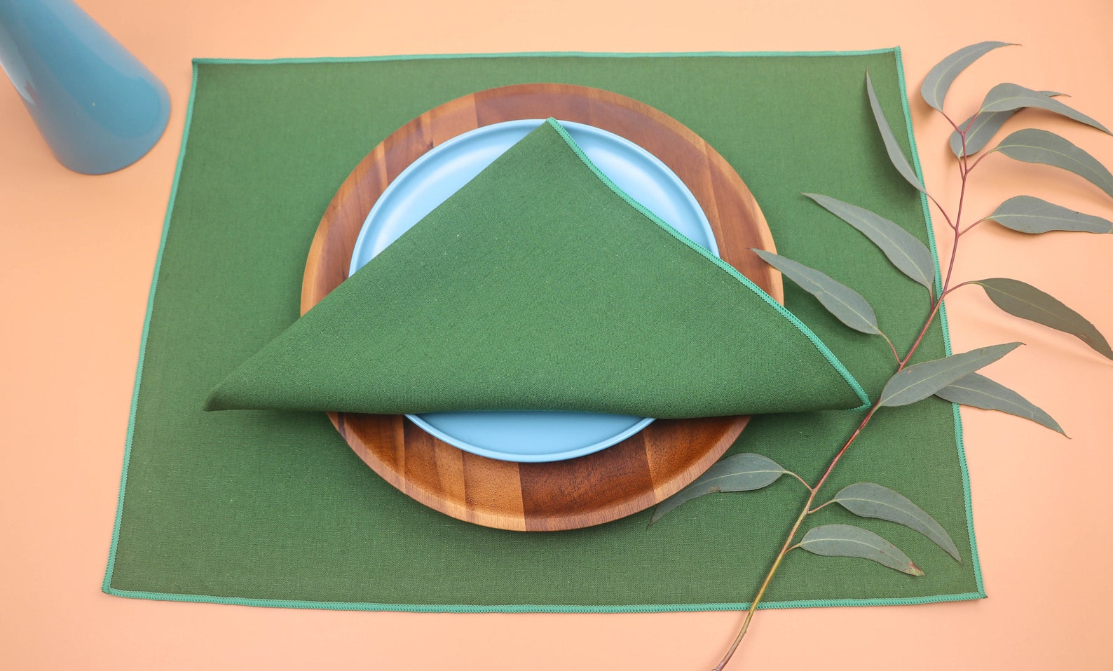 Green Placemats, Set of 4, Fabric Placemats, Monotone Green Trim, Organic Cotton Linen