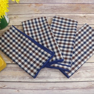 Blue, Brown, White Gingham Cloth Table Napkins, Set of 4, Cotton, High Quality, Accent Trim, Chic, Eco friendly, Picnic, BBQ