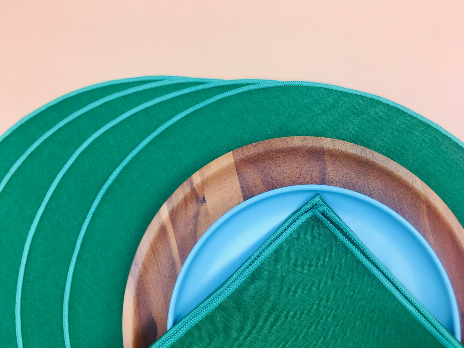 Round Placemats Table Linens Green Accent Trim Cotton Linen Etsy