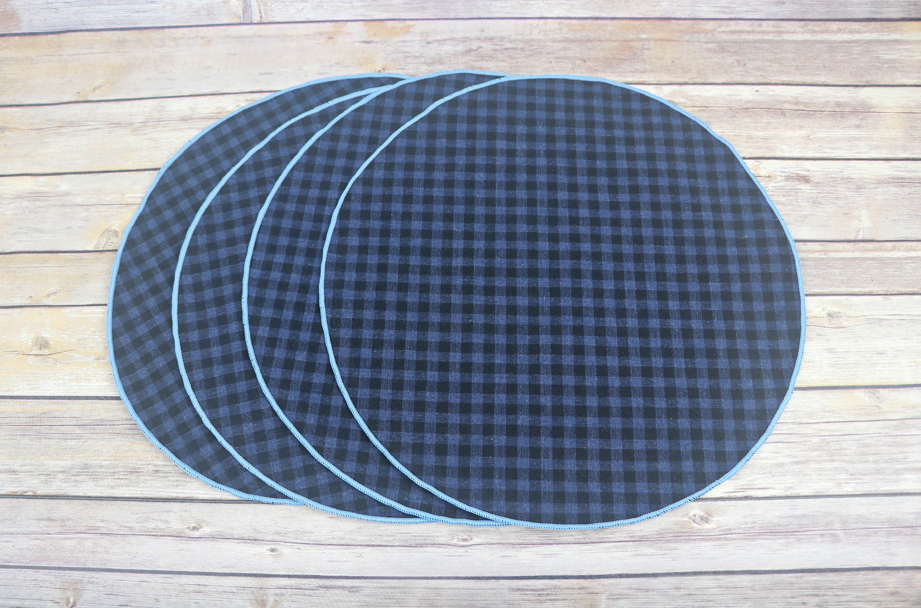 Blue & Black Gingham Placemats, Round Table Placemat, Set of 4, Cotton