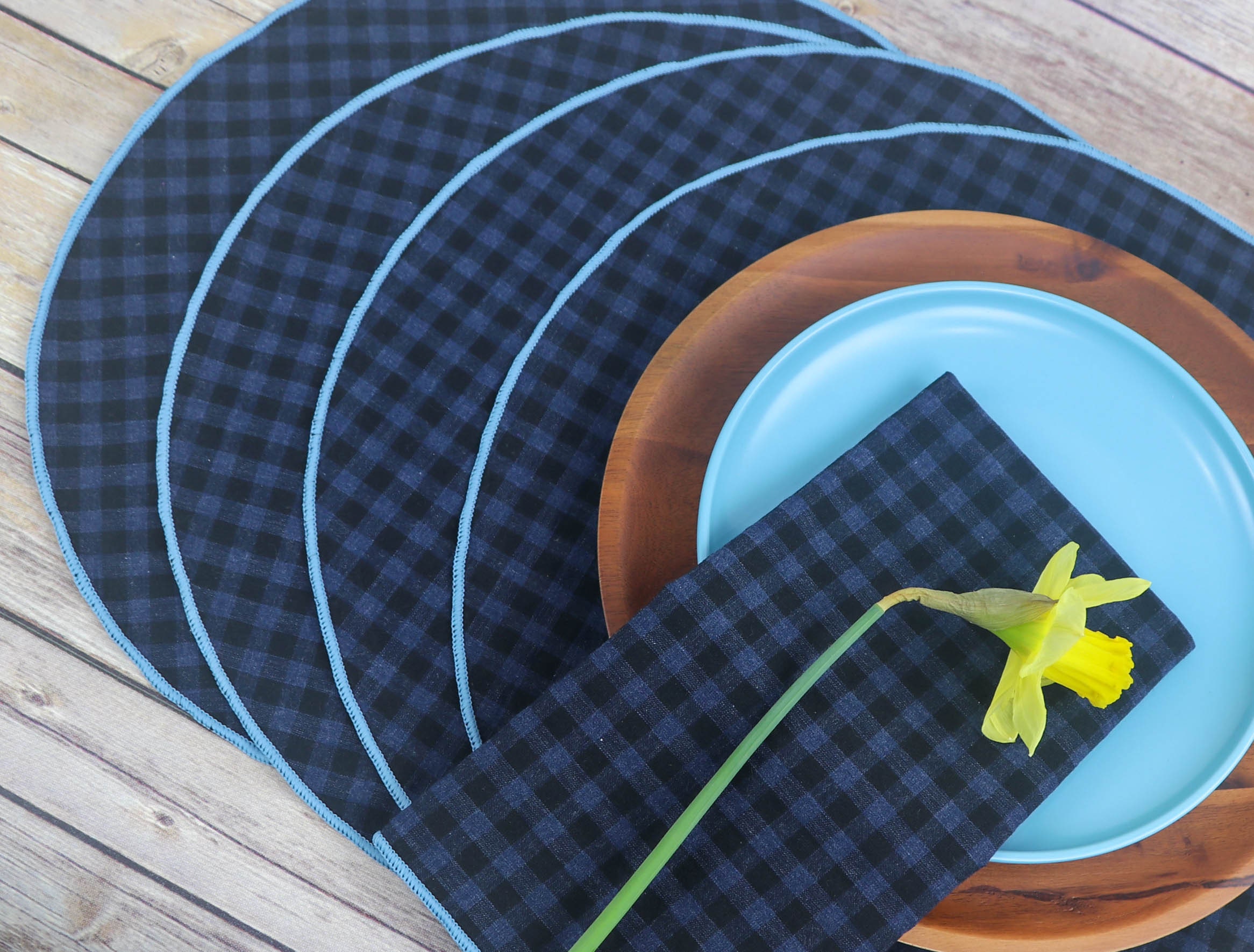 Blue & Black Gingham Placemats, Round Table Placemat, Set of 4, Cotton