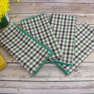 Green, Brown, White, Gingham Cloth Table Napkins, Cloth Napkin, Set of 4, Cotton, High Quality, Accent Trim, Chic, Eco friendly