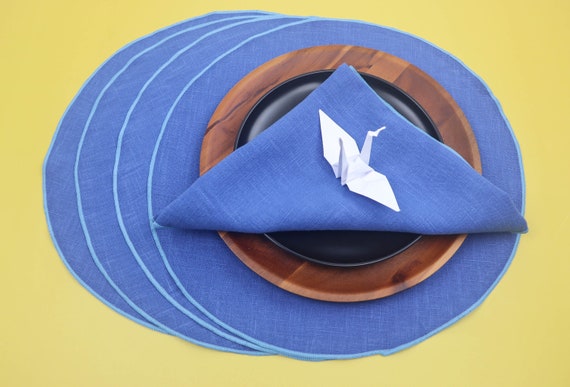 Round Linen Placemats Cloth Table Placemat Blue Accent Trim Australia Round Linen Placemats Cloth Table, Round Linen Placemats Australia