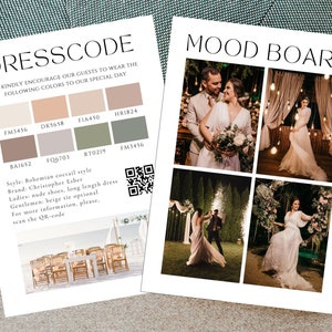 Dresscodekaart, moodboard bruiloft, bewerkbare fotokaart bruiloftsdetails, dresscodebeleid, sjabloon voor kleding trouwkaart, opties voor kledingkaart