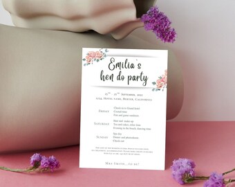 Hen do itinerary template, Bachelorette schedule, Bride to be printable planner, Minimalist travel Canva itinerary, Editable Hens party card