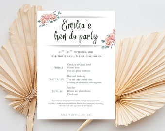 Modèle d'itinéraire EVJF, programme de bachelorette, planificateur imprimable de la future mariée, itinéraire de voyage Canva minimaliste, carte de fête modifiable entre poules