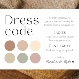 Carte détaillée du code vestimentaire, Politique du code vestimentaire pour le mariage, Modèle de tenue d'invité de mariage minimaliste, Guide des couleurs pour l'invité, Palette de tons neutres pour la fête