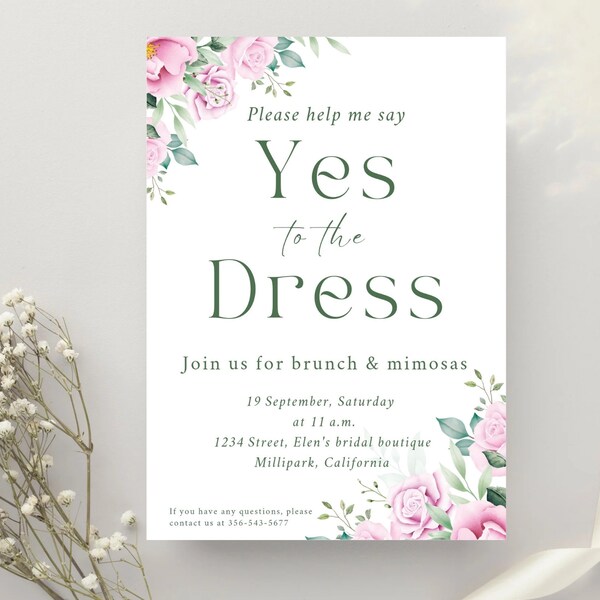 Say Yes to the Dress invitation, Bridal boutique sign, Wedding dress shop, Dress fitting, Pinky dress sign, DIY Floral bridesmaid invitation