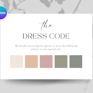 以下が含まれることがあります： 「the DRESS CODE」というテキストと「We kindly encourage our guests to wear the following colours to our special day.」というフレーズが書かれた白いカード。カードには、クリーム、ピーチ、ダスティローズ、セージグリーン、そしてより濃いセージグリーンの5つの正方形で構成されたカラーパレットも含まれています。