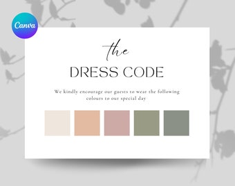 May include: A white card with the text "the DRESS CODE" and the phrase "We kindly encourage our guests to wear the following colours to our special day."  The card also features a color palette with five squares: cream, peach, dusty rose, sage green, and a darker shade of sage green.