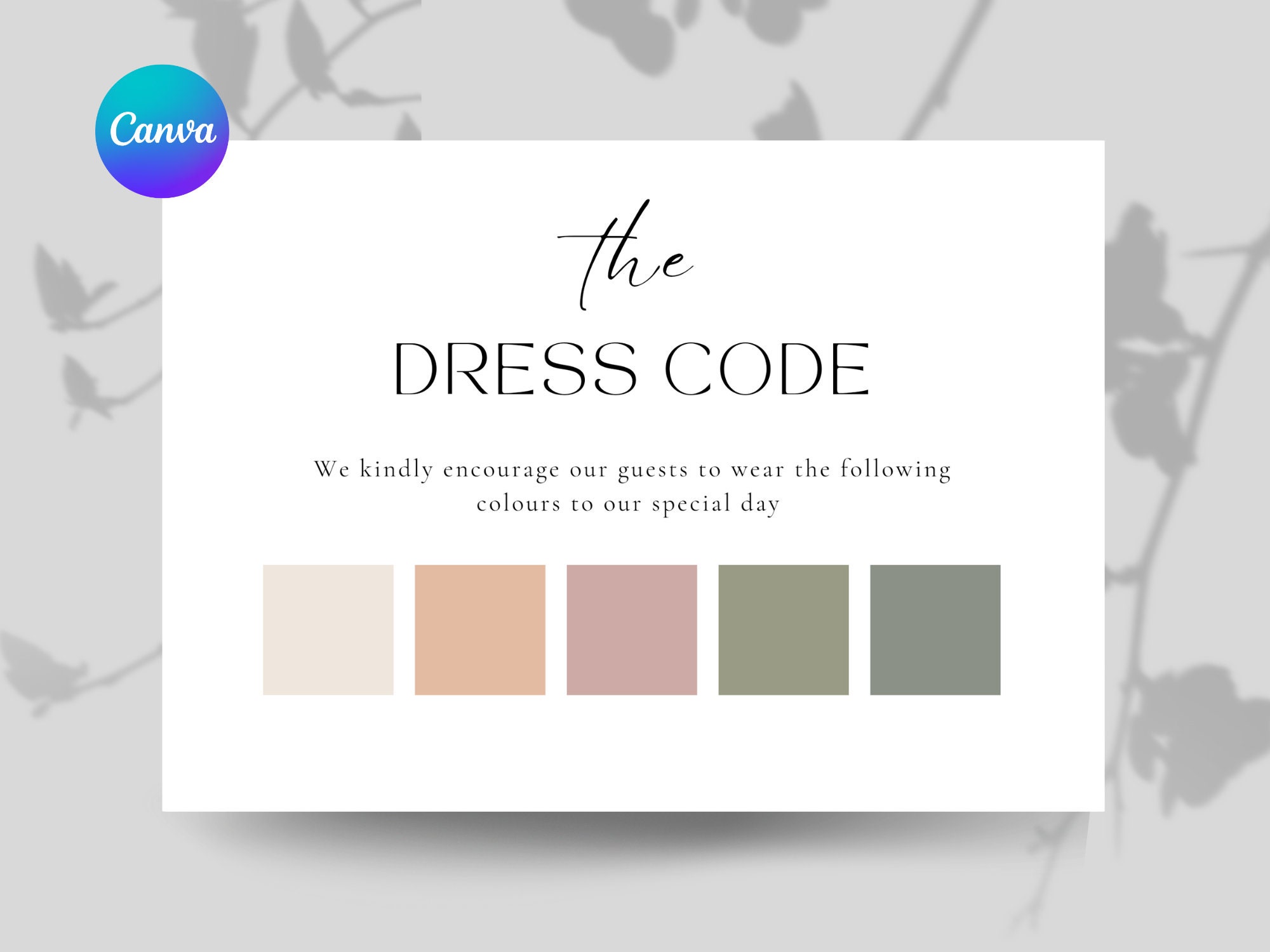 Editable Dress Code Card Template, Wedding Color Palette, Dress Code ...