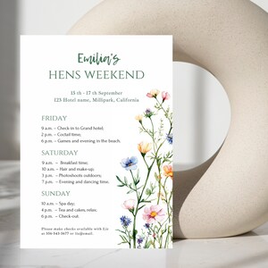 Itinerario de fin de semana de despedida de soltera con flores silvestres, planificador de despedida de soltera con flores de acuarela, invitación para despedida de soltera, tarjeta para despedida de soltera, invitación para despedida de soltera