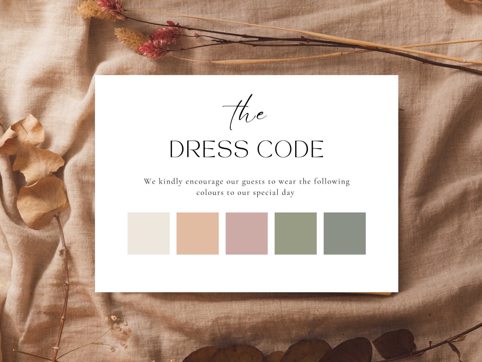Editable Dress Code Card Template, Wedding Color Palette, Dress Code