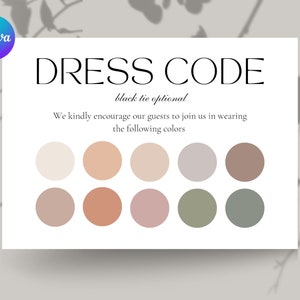 Guest dress code card, Canva attire template, Black tie event card, Editable color request card, Color palette,Trendy wedding party supplies
