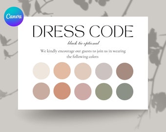 Guest dress code card, Canva attire template, Black tie event card, Editable color request card, Color palette,Trendy wedding party supplies