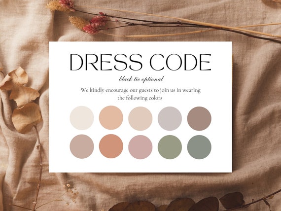 Editable Guest Dress Code Card: Black Tie Event Attire Palette Template