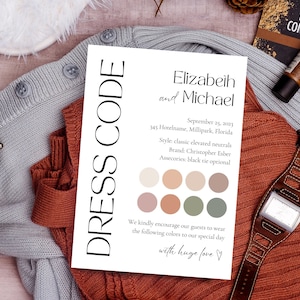 May include: Dress code card for a wedding with the names Elizabeth and Michael, the date September 25, 2023, and the location 345 Hotelname, Millipark, Florida. The dress code is classic elevated neutrals, with the brand Christopher Esber. Black tie is optional. A color palette of beige, brown, and green is shown.