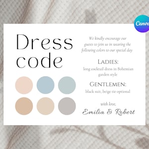 Cartão de detalhes do código de vestimenta, Política de código de vestimenta para casamento, Modelo de traje minimalista para convidados de casamento, Guia de cores para convidados, Paleta de tons neutros para festas