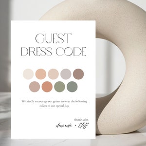 Dresscodekaart gast, kaartsjabloon minimalistische trouwkleding, bewerkbare dresscodekleur, verzoekkaart DIY Canva-kleding, kleurenpalet feest