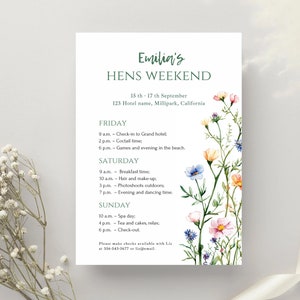 Itinerario de fin de semana de despedida de soltera con flores silvestres, planificador de despedida de soltera con flores de acuarela, invitación para despedida de soltera, tarjeta para despedida de soltera, invitación para despedida de soltera