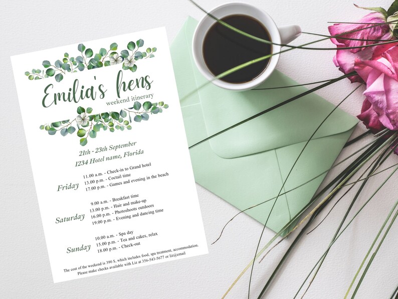 Hen Weekend Loading Eucalyptus Hen Weekend Itinerary Template: Minimalist Bachelorette ...