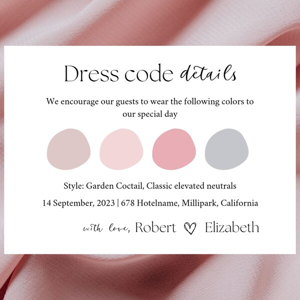 Dress code details card, Editable attire template, Modern guest dress code card, Wedding accommodation card, Bridesmaid info page template