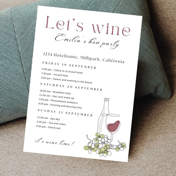 Let's wine Hen do itinerary, Hen do weekend card, Winery Bachelorette party, Canva Wine themed invitation template, Wine lovers Hens weekend