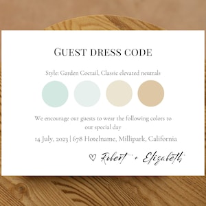 Guest dress code, Canva Wedding attire palette, Attire request card, Editable Party dresscode, Palette color, Family of the Bride and groom