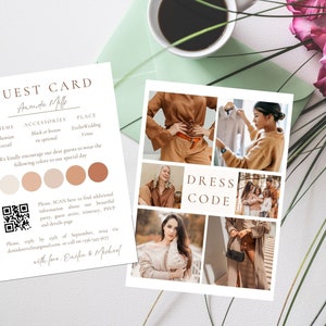 Könnte beinhalten: Eine Gästekarte mit einem QR-Code und einer Farbpalette für eine Hochzeit im Boho-Stil. Die Karte enthält den Text "Guest Card", "Amanda Mille", "Thema: Bohemian Cocktail", "Accessoires: Schwarze oder beige Krawatte optional", "Ort: Intimer Hochzeitsort", "Wir möchten unsere lieben Gäste bitten, die folgenden Farben zu unserem besonderen Tag zu tragen", "Bitte scannen Sie hier, um weitere Informationen über unsere wunderschöne Party, die Kleidung der Gäste, den Ablauf, die RSVP und die Detailseite zu erhalten", "Bitte antworten Sie bis zum 29. September 2024 über deniseandwedding@gmail.com oder rufen Sie +1-541-547-9777 an mit Liebe, Enifen & Michael". Die Karte befindet sich neben einer Fotocollage mit dem Text "Dress Code".