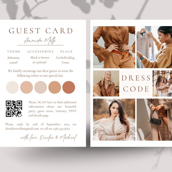 Guest card, Dress code insert, Attire card Canva template, Party details page,Personalised Guest dress code photo card,Wedding color palette