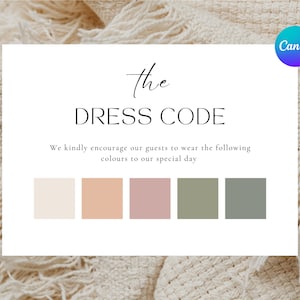 Op de afbeelding: Een witte kaart met de tekst "the DRESS CODE" en de zin "We kindly encourage our guests to wear the following colours to our special day." De kaart bevat ook een kleurenpalet met vijf kleurstalen: crème, perzik, poederroze, saliegroen en bosgroen.