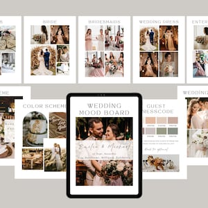 Plantilla de Canva para tablero de inspiración para bodas, tablero de visión de diseño de estilo para bodas, libro de inspiración, guía de bodas, planificador de bodas bohemio editable