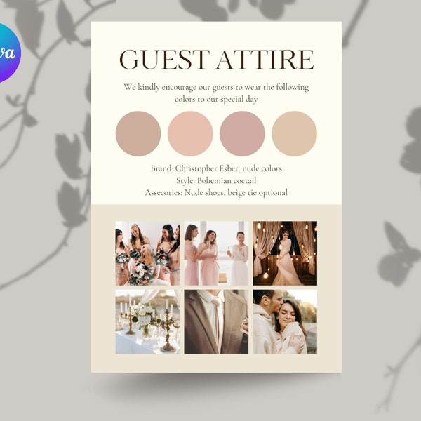 Wedding Guest attire with photo, Dresscode Custom Bridesmaid card DIY Canva template, Party color palette, Wedding color, Bridal party card