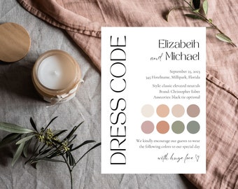 Può includere: Un biglietto bianco con testo nero che annuncia il matrimonio di Elizabeth e Michael. Il biglietto include la data, la location, il dress code e una palette di colori da seguire per gli ospiti. Il testo recita "Elizabeth e Michael, 25 settembre 2023, 345 Hotelname, Millipark, Florida. Stile: classici neutri ed elevati, Marchio: Christopher Esber, Accessori: cravatta nera opzionale, CODICE ABITO, Invitiamo gentilmente i nostri ospiti a indossare i seguenti colori per il nostro giorno speciale con tanto amore."