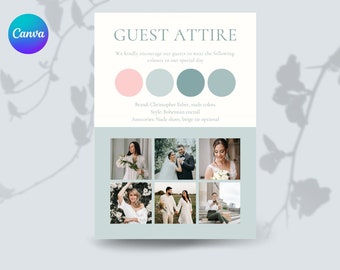 Könnte beinhalten: Eine Hochzeitseinladung mit hellblauem Hintergrund und dem Text "GUEST ATTIRE". Die Einladung enthält eine Farbpalette aus Hellrosa und Hellblau und schlägt einen Boho-Cocktail-Stil für die Gäste vor. Die Einladung enthält außerdem vier Fotos von Paaren in Hochzeitskleidung.