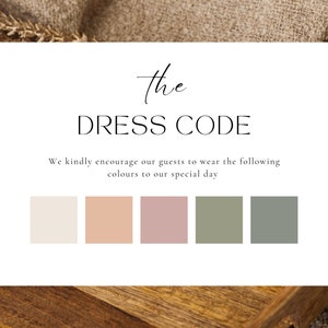 Bewerkbare kaartsjabloon dresscode, kleurenpalet bruiloft, dresscode invoegen, informatie gasten, minimalistische kleurverzoekkaart, moodboard