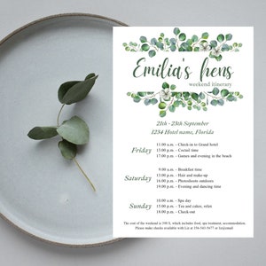 Eukalyptus Hen Wochenende Reiseplan Canva Vorlage, Minimalist Greenery Junggesellinnenabschied Zeitplan, Wochenend Timeline Text, Hen do Einladung