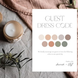 Dresscodekaart gast, kaartsjabloon minimalistische trouwkleding, bewerkbare dresscodekleur, verzoekkaart DIY Canva-kleding, kleurenpalet feest