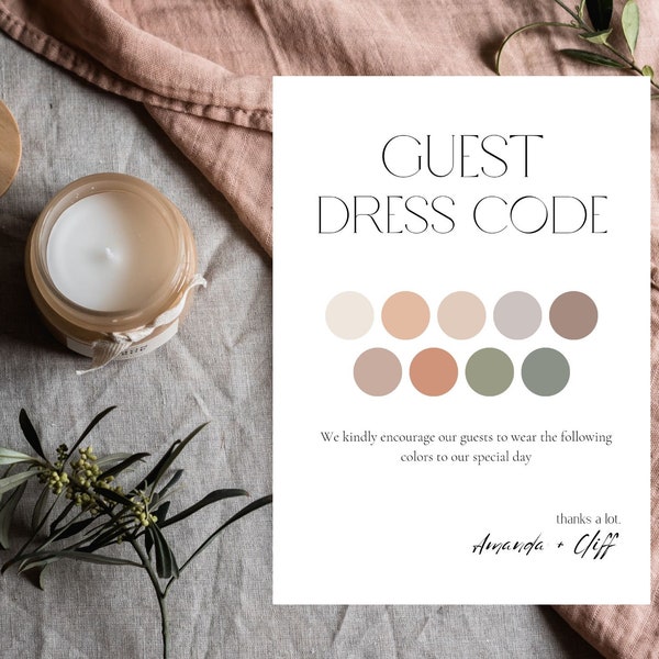 Gast dresscode kaart, minimalistische bruiloft kleding kaartsjabloon, bewerkbare dresscode kleur, DIY Canva kleding verzoekkaart, partij kleurenpalet