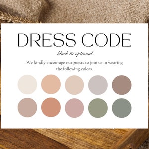 Dresscodekaart voor gasten, Canva-kledingsjabloon, Black Tie-evenementkaart, Bewerkbare kleurverzoekkaart, Kleurenpalet, Trendy benodigdheden voor bruiloftsfeesten