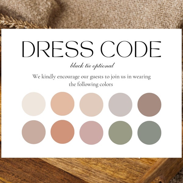 Gast-Dresscode-Karte, Canva-Kleidungsvorlage, Black Tie-Event-Karte, Bearbeitbare Farbwunschkarte, Farbpalette, Trendy Hochzeitszubehör