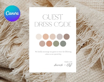 Guest dress code card, Minimalist wedding attire card template, Editable dress code color, DIY Canva Attire request card,Party color palette