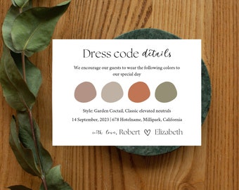 Può includere: Una carta bianca con il testo "Dress code details" e campioni di colore nelle tonalità del marrone, beige e arancione. La carta include i dettagli dell'evento: "Garden Coctail, Classic elevated neutrals" e la data. La carta è su una superficie di legno.